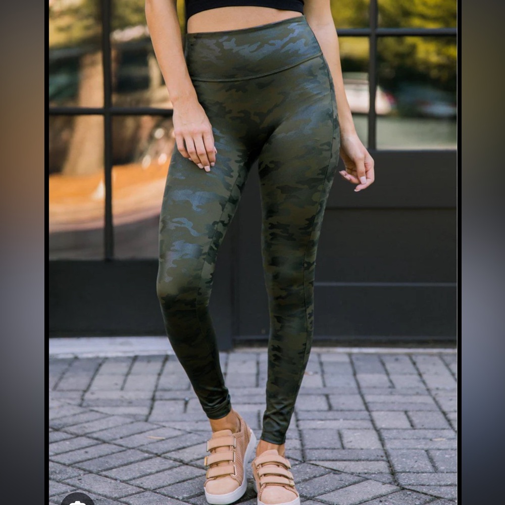 Spanx Faux Leather High Rise Green Camo Leggings